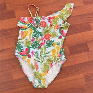 Zara Kids Colorful Tropical One-Shoulder Swimsuit